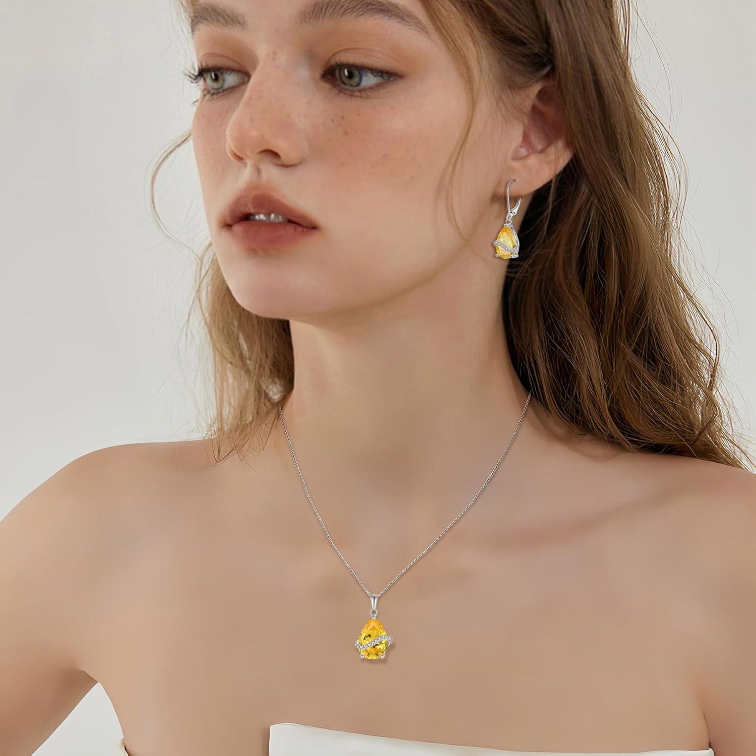 imageTeardrop Jewelry Set for Women 925 Sterling Silver Citrine Necklace Dangle Drop Leverback Earrings November Birthstone Jewelry Gifts for Her