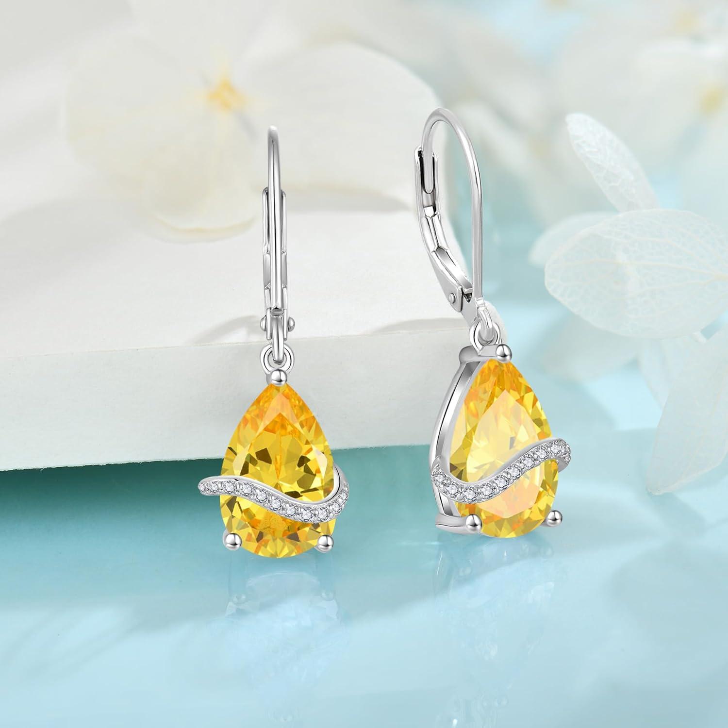 imageTeardrop Jewelry Set for Women 925 Sterling Silver Citrine Necklace Dangle Drop Leverback Earrings November Birthstone Jewelry Gifts for Her