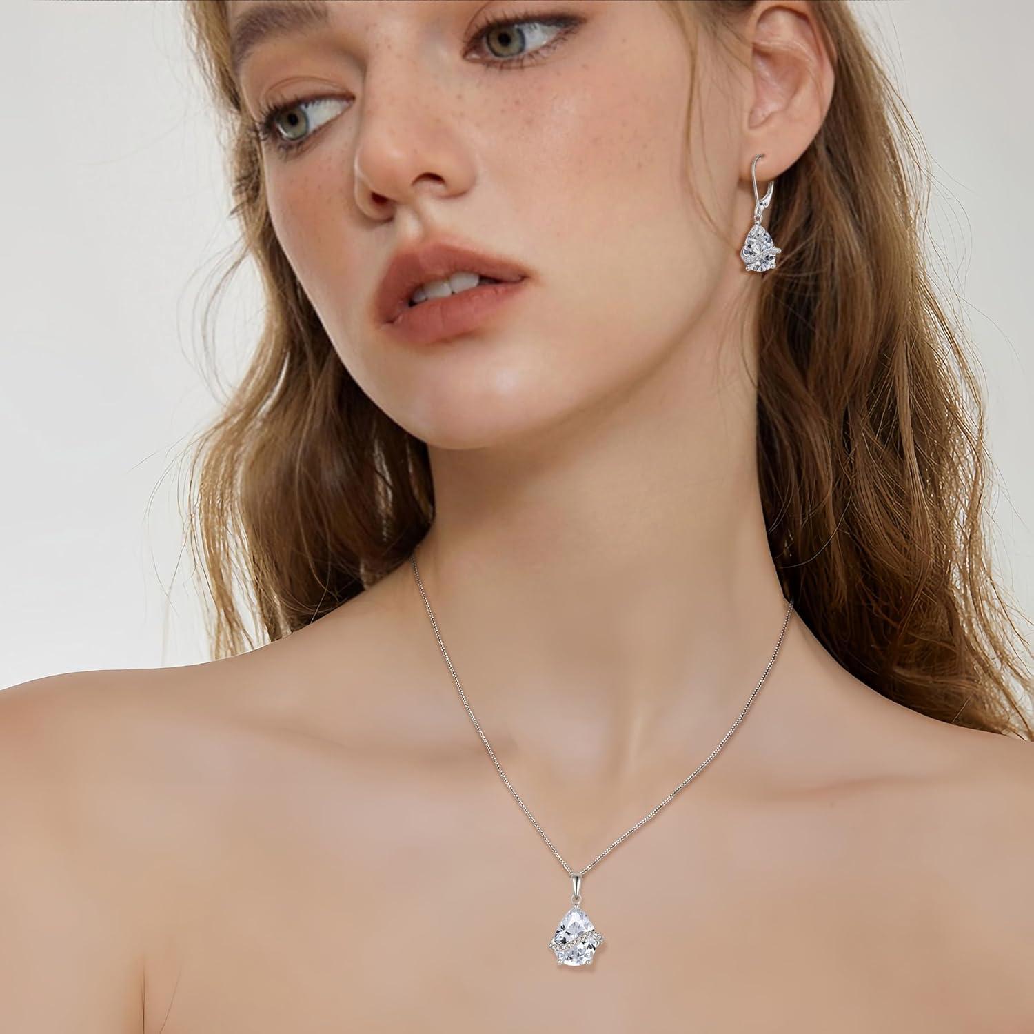 imageTeardrop Jewelry Set for Women 925 Sterling Silver Diamond Necklace Dangle Drop Leverback Earrings April Birthstone Jewelry Gifts for Her