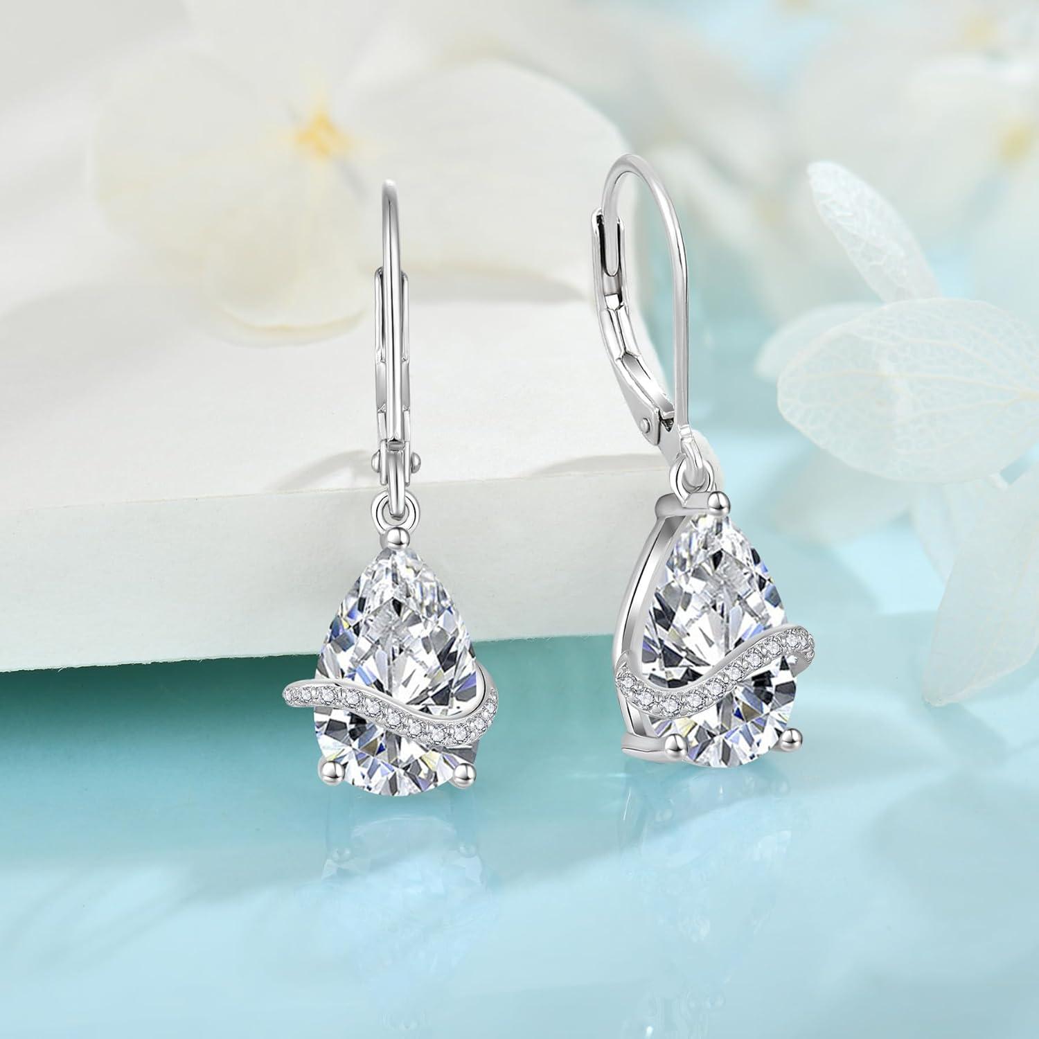 imageTeardrop Jewelry Set for Women 925 Sterling Silver Diamond Necklace Dangle Drop Leverback Earrings April Birthstone Jewelry Gifts for Her