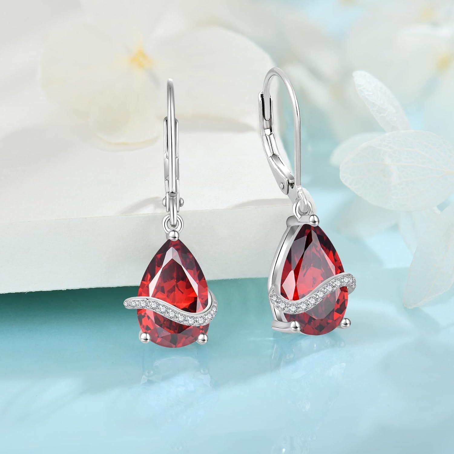 imageTeardrop Jewelry Set for Women 925 Sterling Silver Garnet Necklace Dangle Drop Leverback Earrings January Birthstone Jewelry Gifts for Her