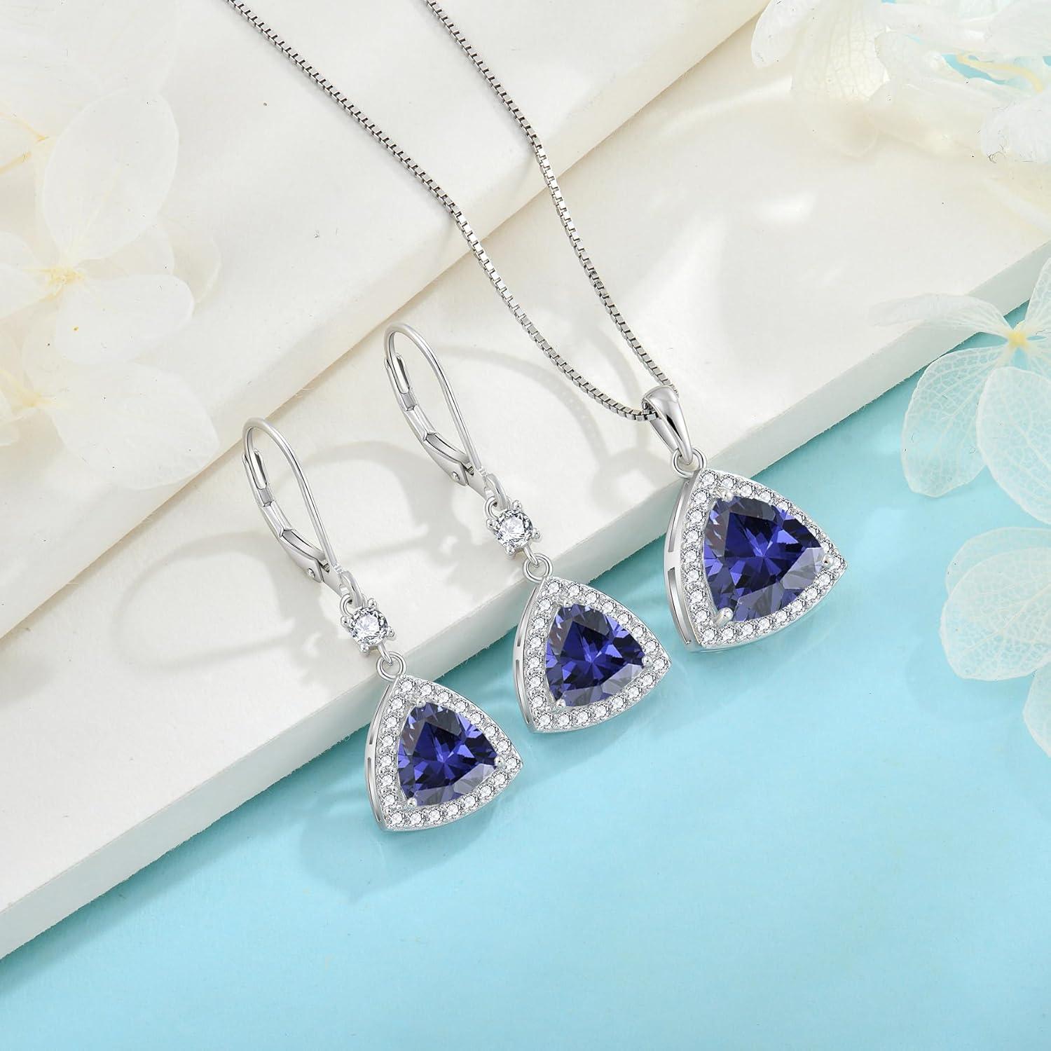 imageTriangle Jewelry Set for Women 925 Sterling Silver Halo Tanzanite Necklace Dangle Drop Leverback Earrings December Birthstone Jewelry for Her