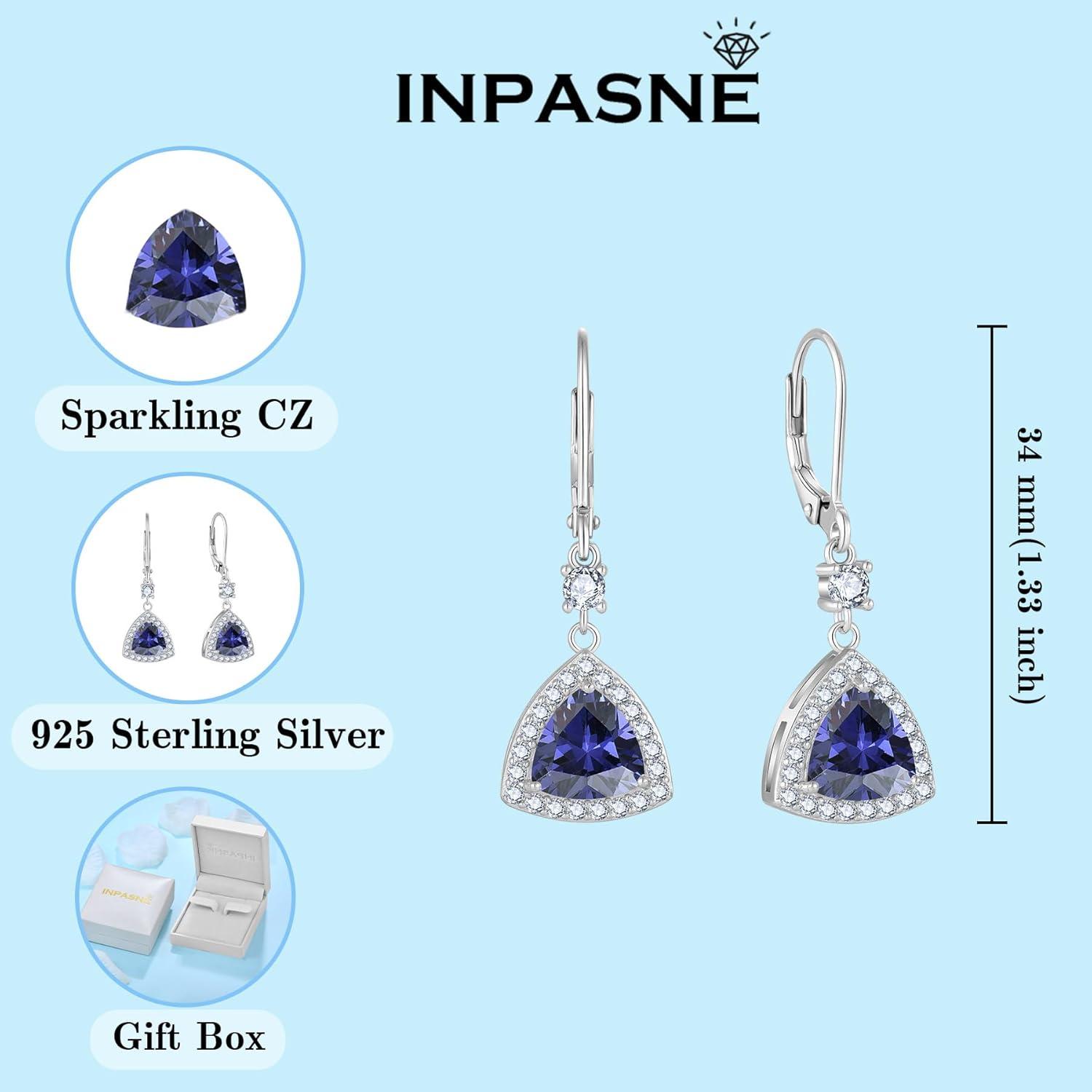 imageTriangle Jewelry Set for Women 925 Sterling Silver Halo Tanzanite Necklace Dangle Drop Leverback Earrings December Birthstone Jewelry for Her
