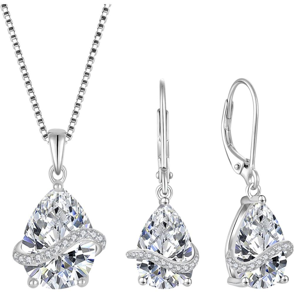 imageTeardrop Jewelry Set for Women 925 Sterling Silver Diamond Necklace Dangle Drop Leverback Earrings April Birthstone Jewelry Gifts for Her