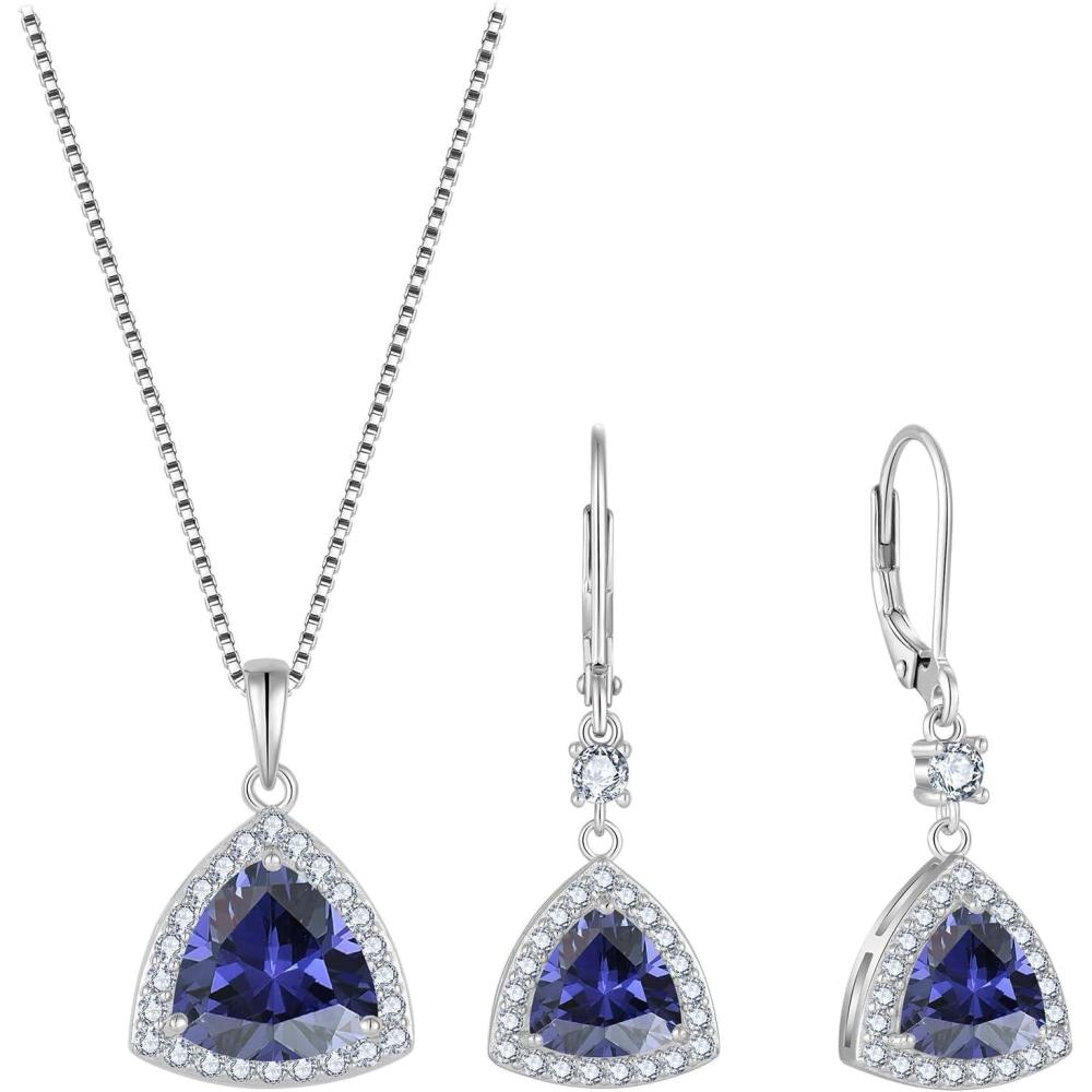 imageTriangle Jewelry Set for Women 925 Sterling Silver Halo Tanzanite Necklace Dangle Drop Leverback Earrings December Birthstone Jewelry for Her