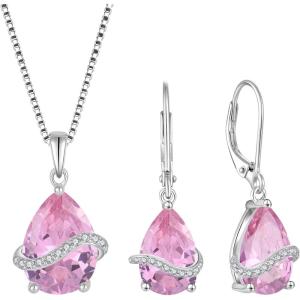 imageTeardrop Jewelry Set for Women 925 Sterling Silver Pink Tourmaline Necklace Dangle Drop Leverback Earrings October Birthstone Jewelry Gifts for Her