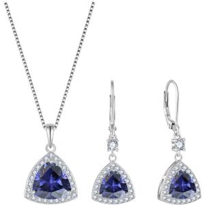 imageTriangle Jewelry Set for Women 925 Sterling Silver Halo Tanzanite Necklace Dangle Drop Leverback Earrings December Birthstone Jewelry for Her