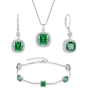 imagePrincess Cut Jewelry Set 925 Sterling Silver Emerald Earrings Dangle Drop Leverback May Birthstone Necklace and Bracelet Jewelry Gifts for Women