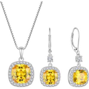 imagePrincess Cut Jewelry Set for Women 925 Sterling Silver Citrine November Birthstone Necklace Halo Dangle Drop Leverback Earrings Jewelry Gifts for Her