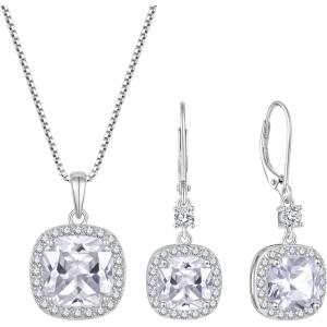 imagePrincess Cut Jewelry Set for Women 925 Sterling Silver Diamond April Birthstone Necklace Halo Dangle Drop Leverback Earrings Jewelry Gifts for Her