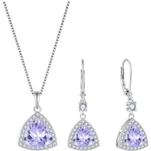 imageTriangle Jewelry Set for Women 925 Sterling Silver Halo Alexandrite Necklace Dangle Drop Leverback Earrings June Birthstone Jewelry for Her