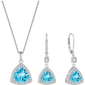 imageTriangle Jewelry Set for Women 925 Sterling Silver Halo Aquamarine Necklace Dangle Drop Leverback Earrings March Birthstone Jewelry for Her