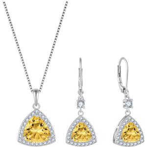 imageTriangle Jewelry Set for Women 925 Sterling Silver Halo Citrine Necklace Dangle Drop Leverback Earrings November Birthstone Jewelry for Her