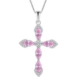 imageWomen Cross Necklace 925 Sterling Silver Halo Gemstone Necklace Crucifix Religious Pendant Birthstone Jewelry Gifts for Her