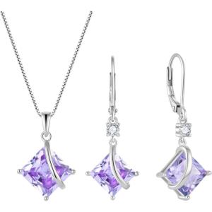 imageSquare Princess Cut Necklace and Earrings Set 925 Sterling Silver Solitaire Alexandrite Jewelry Set for Women June Birthstone Jewelry Gifts for Her