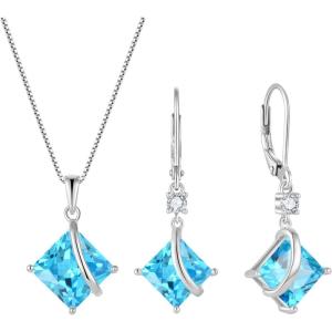 imageSquare Princess Cut Necklace and Earrings Set 925 Sterling Silver Solitaire Aquamarine Jewelry Set for Women March Birthstone Jewelry Gifts for Her