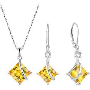 imageSquare Princess Cut Necklace and Earrings Set 925 Sterling Silver Solitaire Citrine Jewelry Set for Women November Birthstone Jewelry Gifts for Her