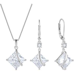imageSquare Princess Cut Necklace and Earrings Set 925 Sterling Silver Solitaire Cubic Zirconia Jewelry Set for Women April Birthstone Jewelry Gifts for Her