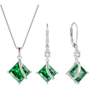 imageSquare Princess Cut Necklace and Earrings Set 925 Sterling Silver Solitaire Emerald Jewelry Set for Women May Birthstone Jewelry Gifts for Her