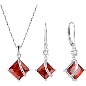 imageSquare Princess Cut Necklace and Earrings Set 925 Sterling Silver Solitaire Garnet Jewelry Set for Women January Birthstone Jewelry Gifts for Her