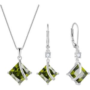 imageSquare Princess Cut Necklace and Earrings Set 925 Sterling Silver Solitaire Peridot Jewelry Set for Women August Birthstone Jewelry Gifts for Her
