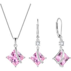 imageSquare Princess Cut Necklace and Earrings Set 925 Sterling Silver Solitaire Pink Tourmaline Jewelry Set for Women October Birthstone Jewelry Gifts for Her