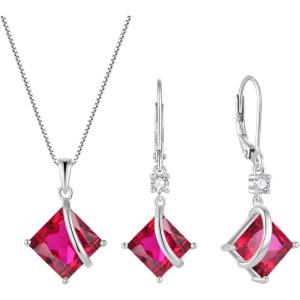 imageSquare Princess Cut Necklace and Earrings Set 925 Sterling Silver Solitaire Ruby Jewelry Set for Women July Birthstone Jewelry Gifts for Her