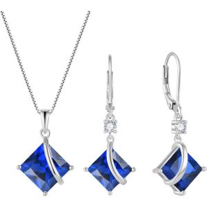 imageSquare Princess Cut Necklace and Earrings Set 925 Sterling Silver Solitaire Sapphire Jewelry Set for Women September Birthstone Jewelry Gifts for Her