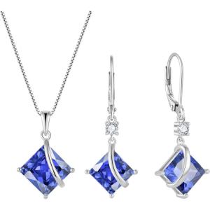 imageSquare Princess Cut Necklace and Earrings Set 925 Sterling Silver Solitaire Tanzanite Jewelry Set for Women December Birthstone Jewelry Gifts for Her