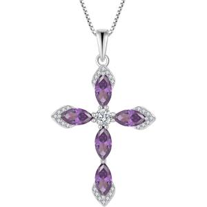 imageWomen Cross Necklace 925 Sterling Silver Halo Gemstone Necklace Crucifix Religious Pendant Birthstone Jewelry Gifts for Her02 February  Amethyst