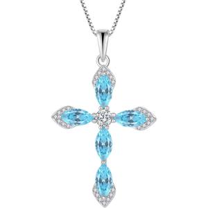 imageWomen Cross Necklace 925 Sterling Silver Halo Gemstone Necklace Crucifix Religious Pendant Birthstone Jewelry Gifts for Her03 March  Aquamarine