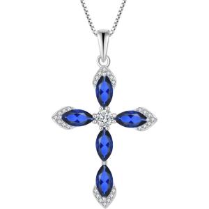 imageWomen Cross Necklace 925 Sterling Silver Halo Gemstone Necklace Crucifix Religious Pendant Birthstone Jewelry Gifts for Her09 September  Sapphire