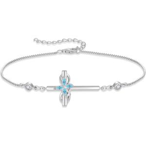 imageCross Bracelet for Women 925 Sterling Silver Infinity Butterfly Birthstone Link Bracelet Crucifix Religious Jewelry for Her03 March  Aquamarine