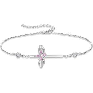 imageCross Bracelet for Women 925 Sterling Silver Infinity Butterfly Birthstone Link Bracelet Crucifix Religious Jewelry for Her10 October  Pink Tourmaline