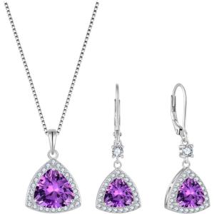 imageTriangle Jewelry Set for Women 925 Sterling Silver Halo Amethyst Necklace Dangle Drop Leverback Earrings February Birthstone Jewelry for Her