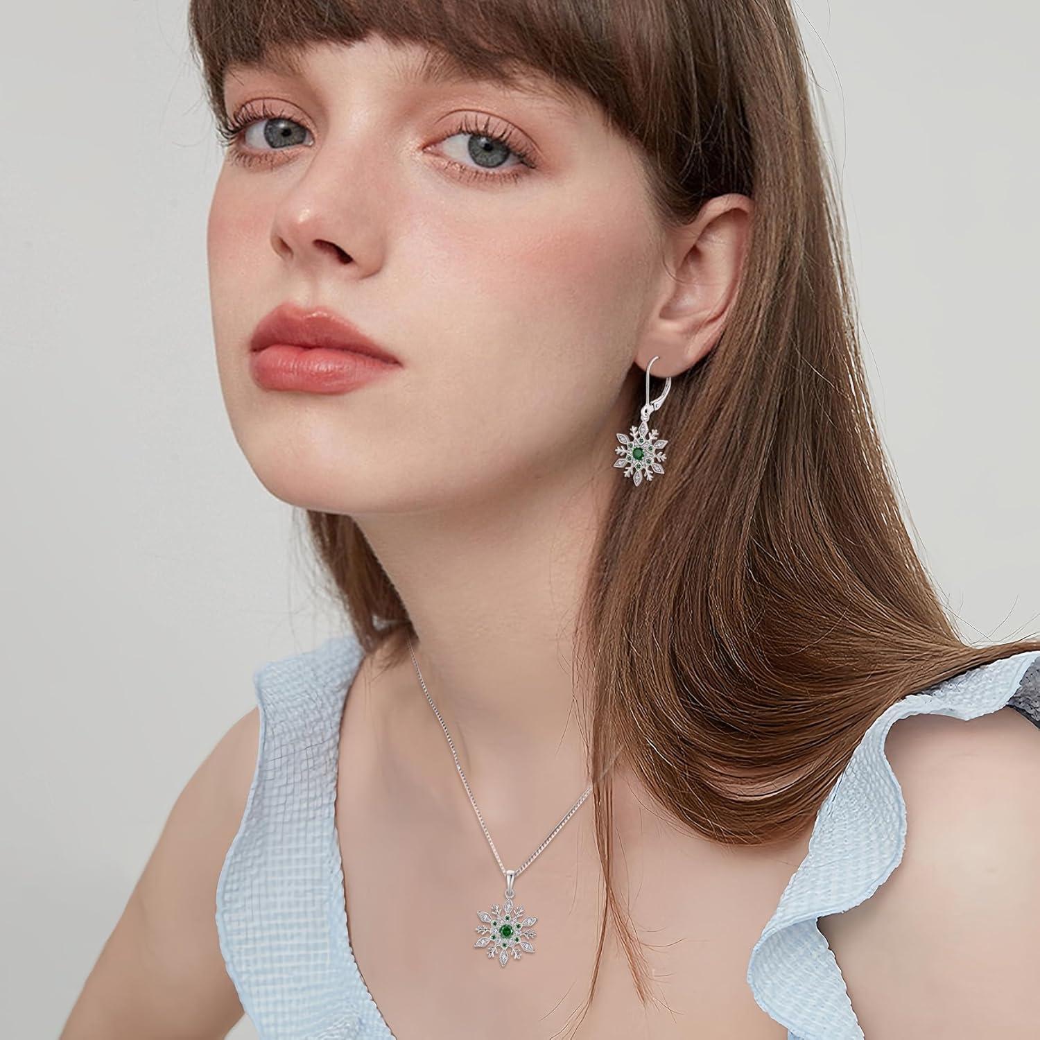 imageWomen Snowflake Necklace 925 Sterling Silver Snowflake Pendant Necklace Birthstone Jewelry Christmas Gifts for Her05 May  Emerald