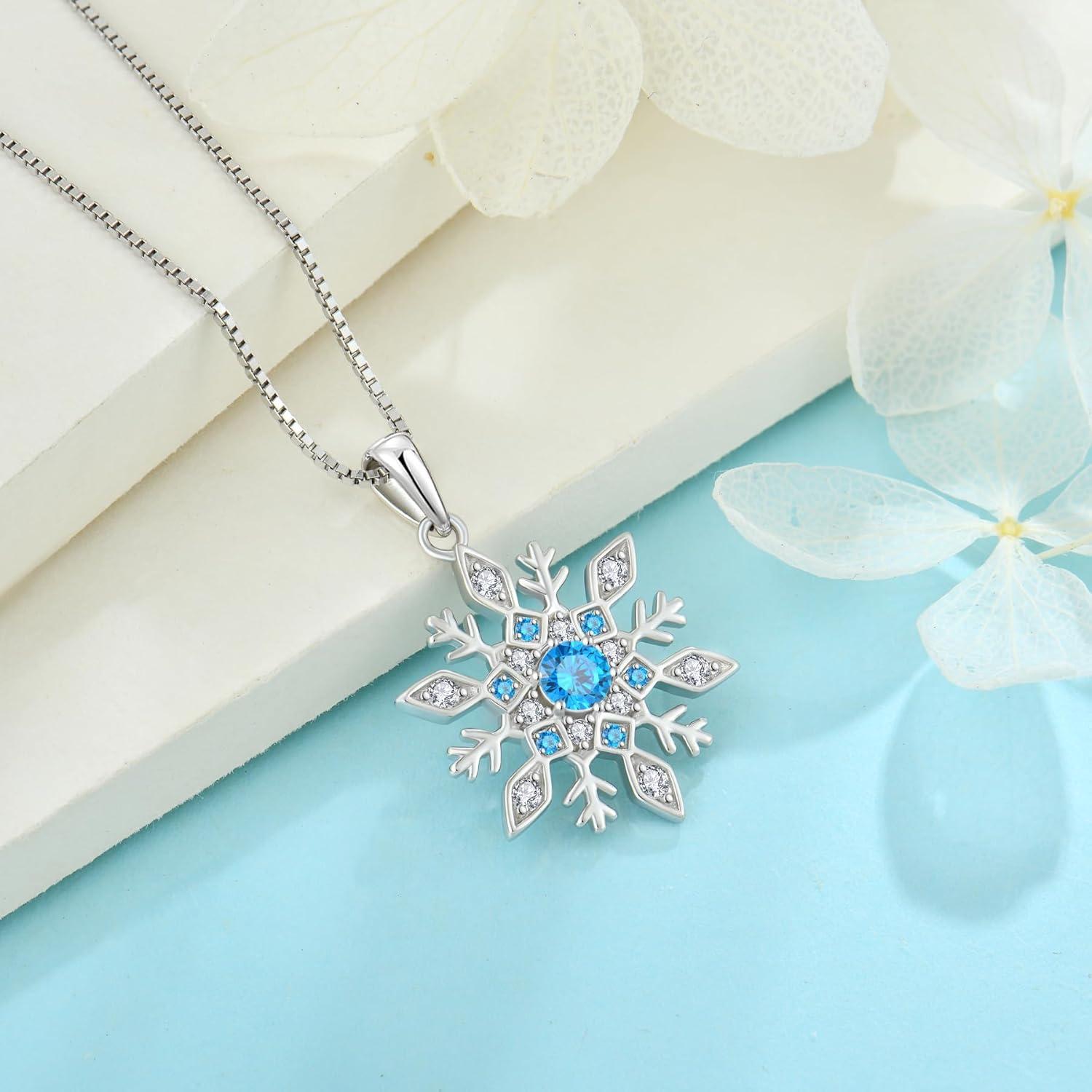 imageWomen Snowflake Necklace 925 Sterling Silver Snowflake Pendant Necklace Birthstone Jewelry Christmas Gifts for Heraquamarine