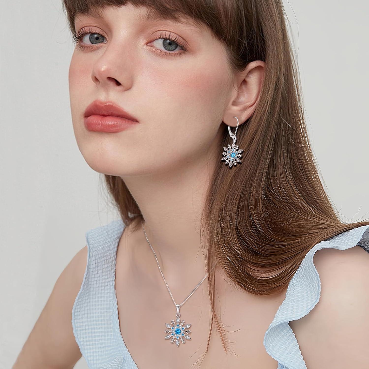 imageWomen Snowflake Necklace 925 Sterling Silver Snowflake Pendant Necklace Birthstone Jewelry Christmas Gifts for Heraquamarine