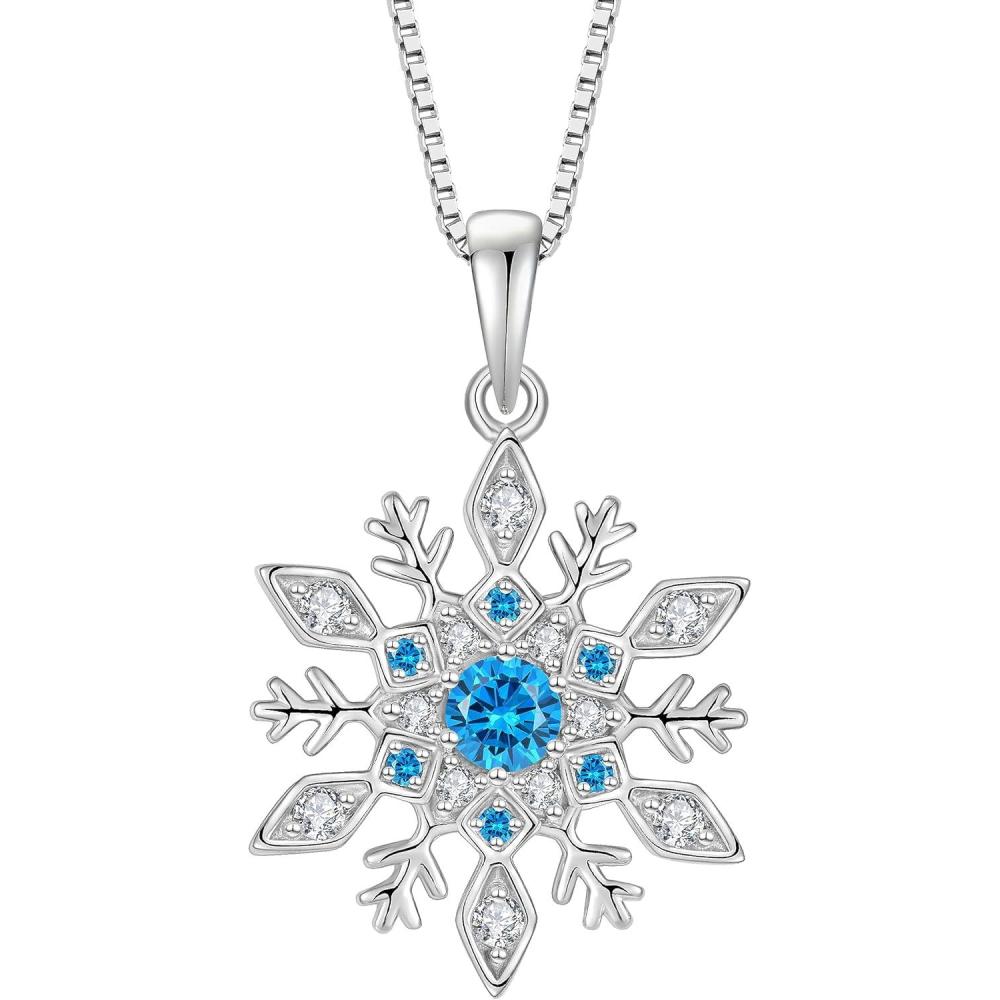 imageWomen Snowflake Necklace 925 Sterling Silver Snowflake Pendant Necklace Birthstone Jewelry Christmas Gifts for Heraquamarine