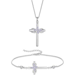 imageCross Necklace and Bracelet for Women 925 Sterling Silver Infinity Butterfly Pendant Necklace Bracelet Alexandrite June Birthstone Jewelry Set Crucifix Religious Gifts for Her