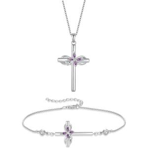 imageCross Necklace and Bracelet for Women 925 Sterling Silver Infinity Butterfly Pendant Necklace Bracelet Amethyst February Birthstone Jewelry Set Crucifix Religious Gifts for Her