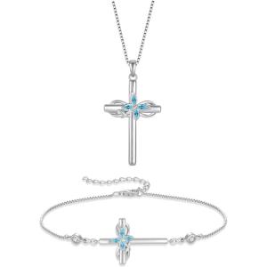 imageCross Necklace and Bracelet for Women 925 Sterling Silver Infinity Butterfly Pendant Necklace Bracelet Aquamarine March Birthstone Jewelry Set Crucifix Religious Gifts for Her