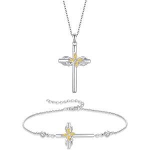 imageCross Necklace and Bracelet for Women 925 Sterling Silver Infinity Butterfly Pendant Necklace Bracelet Citrine November Birthstone Jewelry Set Crucifix Religious Gifts for Her