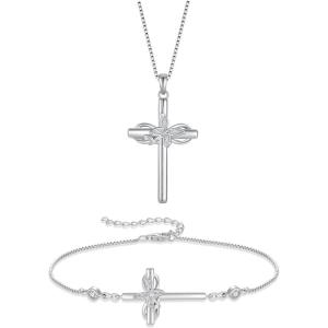 imageCross Necklace and Bracelet for Women 925 Sterling Silver Infinity Butterfly Pendant Necklace Bracelet Cubic Zirconia April Birthstone Jewelry Set Crucifix Religious Gifts for Her
