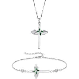 imageCross Necklace and Bracelet for Women 925 Sterling Silver Infinity Butterfly Pendant Necklace Bracelet Emerald May Birthstone Jewelry Set Crucifix Religious Gifts for Her