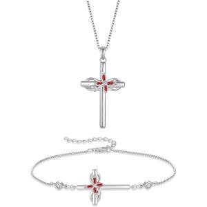 imageCross Necklace and Bracelet for Women 925 Sterling Silver Infinity Butterfly Pendant Necklace Bracelet Garnet January Birthstone Jewelry Set Crucifix Religious Gifts for Her