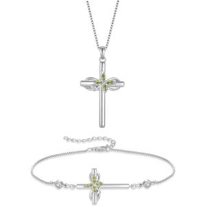 imageCross Necklace and Bracelet for Women 925 Sterling Silver Infinity Butterfly Pendant Necklace Bracelet Peridot August Birthstone Jewelry Set Crucifix Religious Gifts for Her