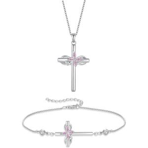 imageCross Necklace and Bracelet for Women 925 Sterling Silver Infinity Butterfly Pendant Necklace Bracelet Pink Tourmaline October Birthstone Jewelry Set Crucifix Religious Gifts for Her