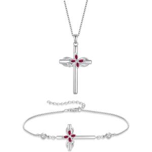 imageCross Necklace and Bracelet for Women 925 Sterling Silver Infinity Butterfly Pendant Necklace Bracelet Ruby July Birthstone Jewelry Set Crucifix Religious Gifts for Her