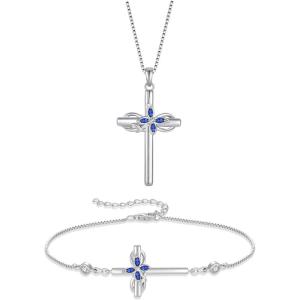imageCross Necklace and Bracelet for Women 925 Sterling Silver Infinity Butterfly Pendant Necklace Bracelet Sapphire September Birthstone Jewelry Set Crucifix Religious Gifts for Her